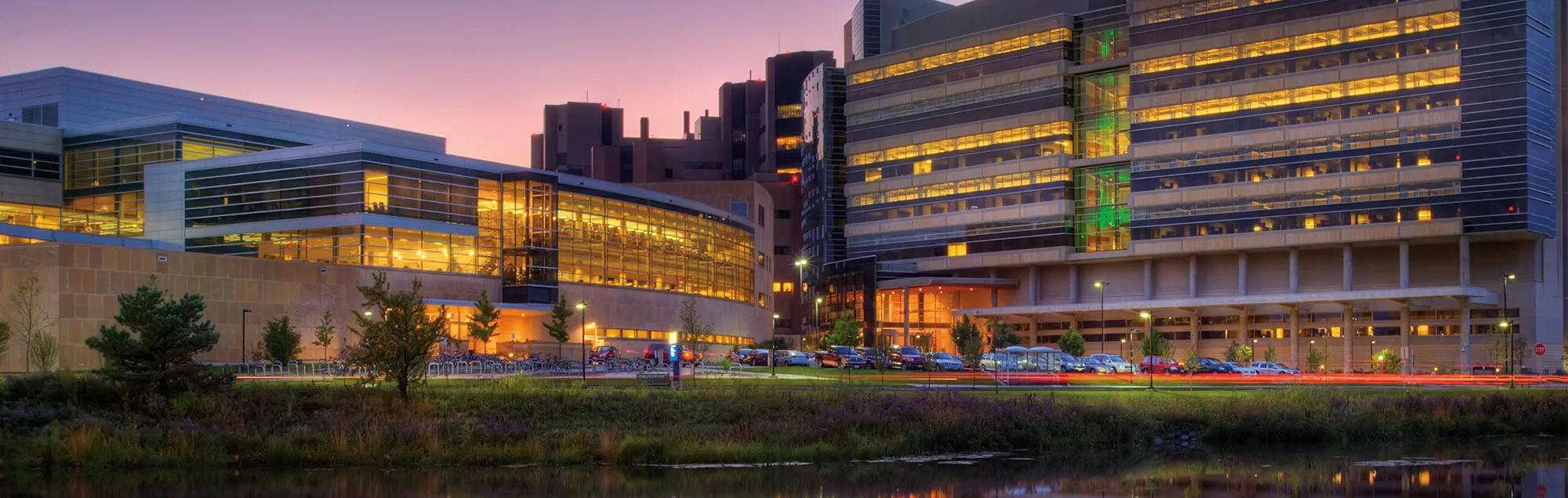 UW Health Sciences Learning Center lit up at night