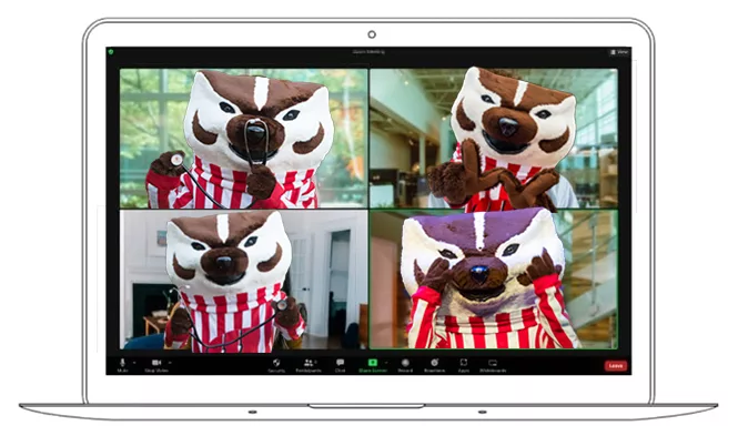 Bucky Badger in a Zoom meeting on a laptop