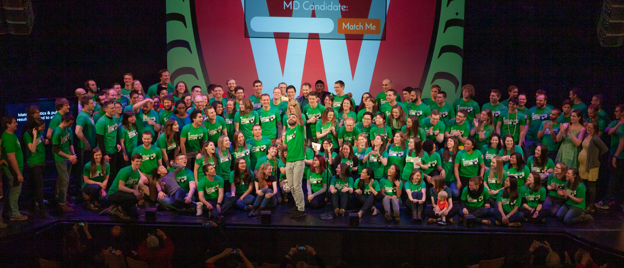 A large group of students pose for a group photo during Match Day 2017