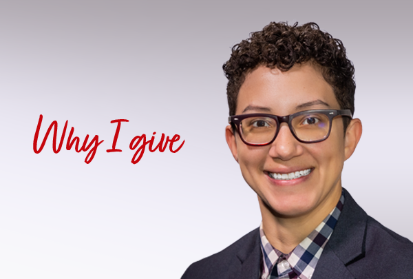 Natalie Taylor with the text "Why I give"