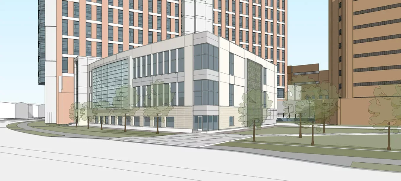 A rendering of the front of the new center