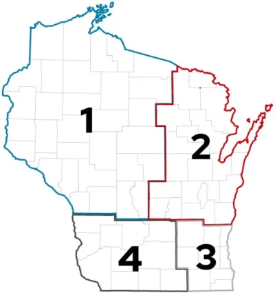 District one covers northwest Wisconsin, district two: the northeast, district three: the southeast, and district four: the southwest