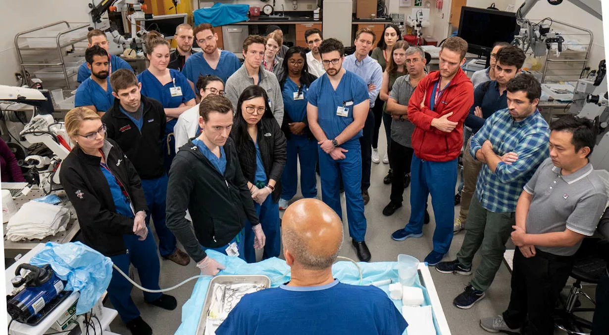 Medical students gathered in front of a teacher to listen