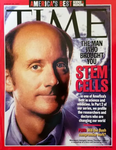 The cover of a TIME magazine reading 'the man who brought you stem cells'